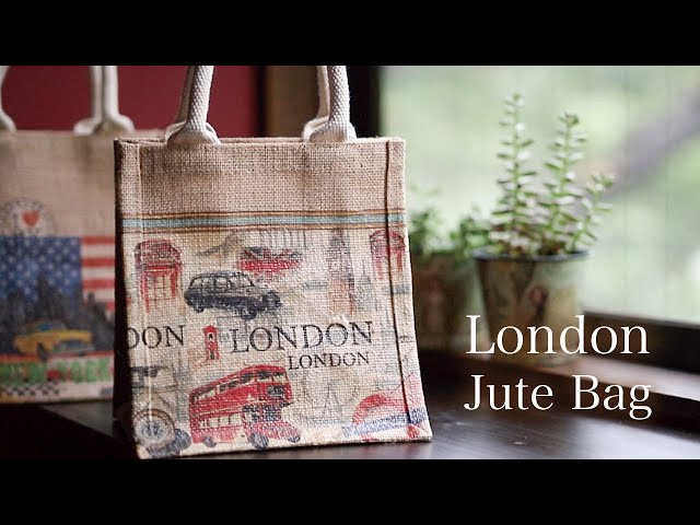 【DIY/デコパージュ/ペーパークラフト/ハンドメイド】ロンドンの無印良品ジュートバッグ [London Jute Bag] Decoupage Handmade class=