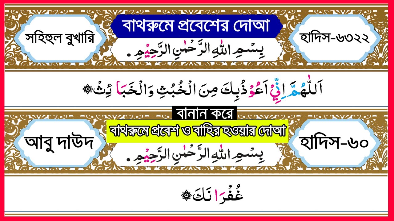 বাথরুমে প্রবেশ ও বের হওয়ার দোয়া বানান করে উচ্চারণ । bathroom e jawa r ...