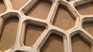 Voronoi pattern cut on Shapeoko cnc router in plywood
This is a test run I did on my cnc router. I plan on building a coffee table using these patterns. There’s a couple pictures of the rendering of the table top in the video. After it was finished machining, I used a chamfer bit to put a very slight chamfer on the bottom, and about a 1/2 inch one on the top. This reveals the layers of plywood. I plan on building the whole table out of birch plywood. Stay tuned for updates in the near future. Voronoi pattern cut on Shapeoko cnc router in plywood