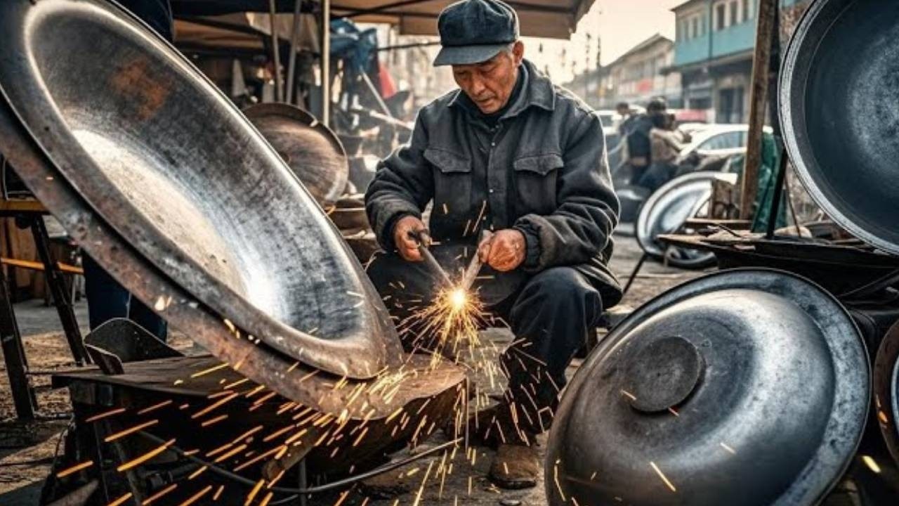 农村老手艺人用铁皮制作锅盖！老式铁皮锅盖太顶了，无涂层不粘锅超好用！【小山明月】