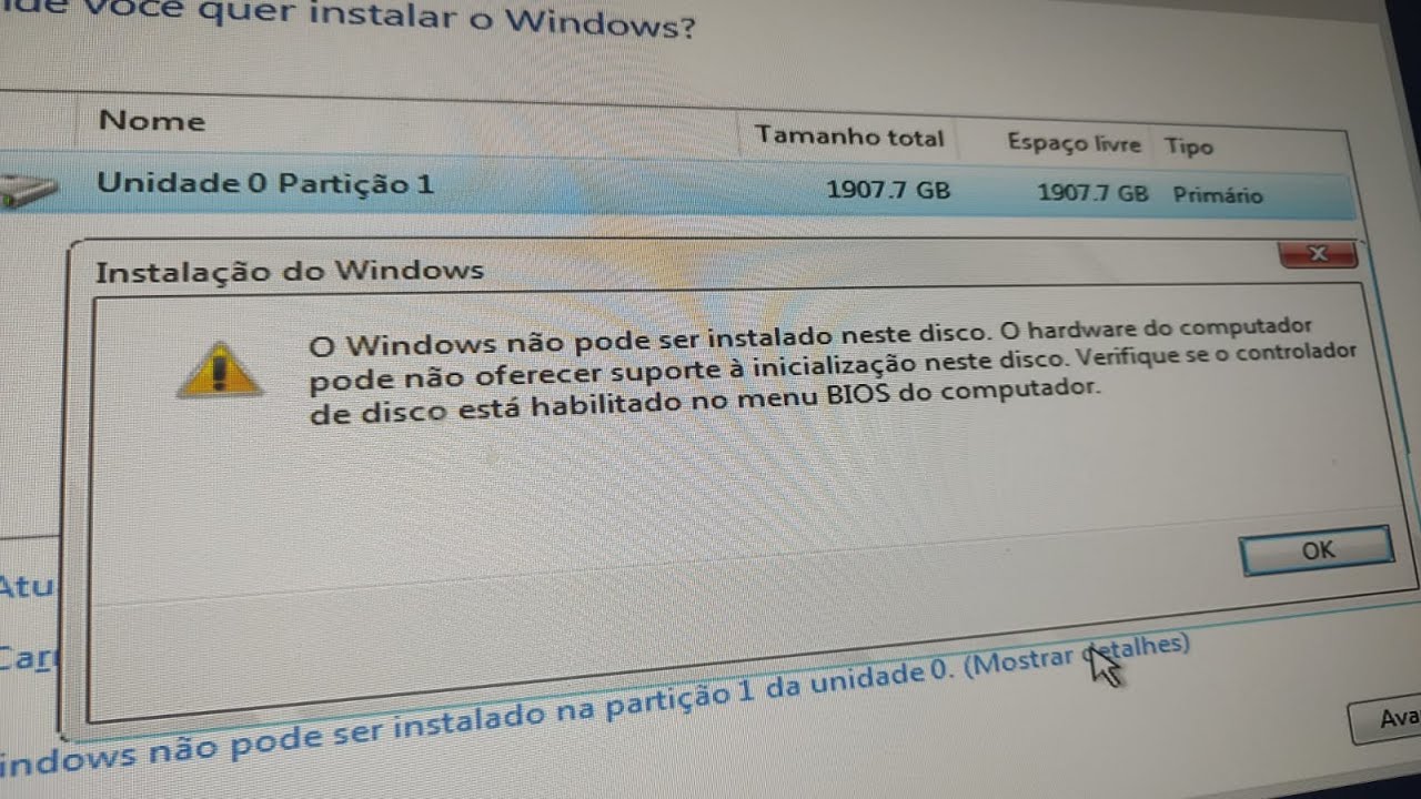 ERRO AO FORMATAR O Windows não pode ser instalado neste disco - YouTube