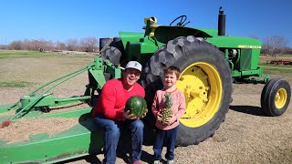 Playing on the farm with tractors and hay | Cutting grass and watermelon | Tractors for kids