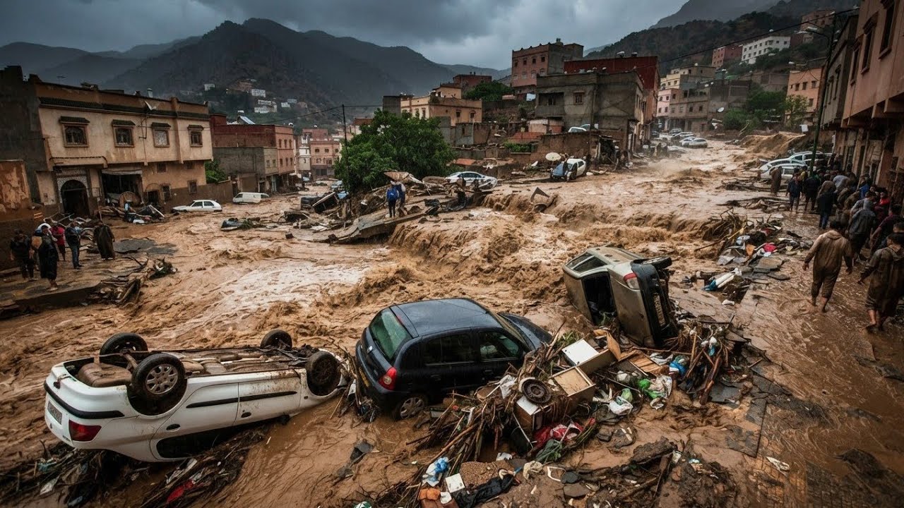 Extreme weather in Morocco!! Massive, mud-laden floods swept away vehicles in Al Hoceima.