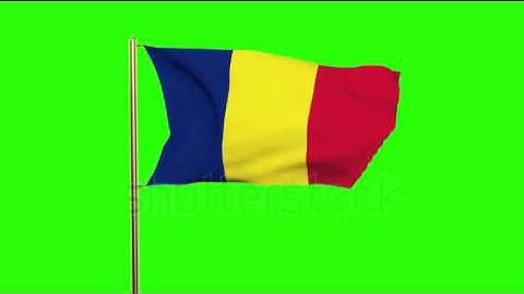 Romania flag waving in the wind. Looping sun rises style. Animation loop. Green screen, alpha matte