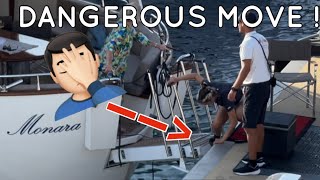 Too aggressive docking by BACA Superyacht causes damage to other yacht ladder @archiesvlogmc