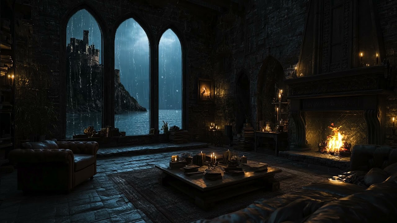Rainstorm at a Medieval Castle Window 🏰 Thunder & Fireplace Sleep Sounds