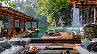 💐4K Spring Scene - The Porch Space overlooks a Beautiful Waterfall | Campfire, Birdsongs Relaxing