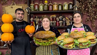 GRANDMA COOKING THE BEST BURGER IN THE VILLAGE WITH PUMPKIN AND CHICKEN!