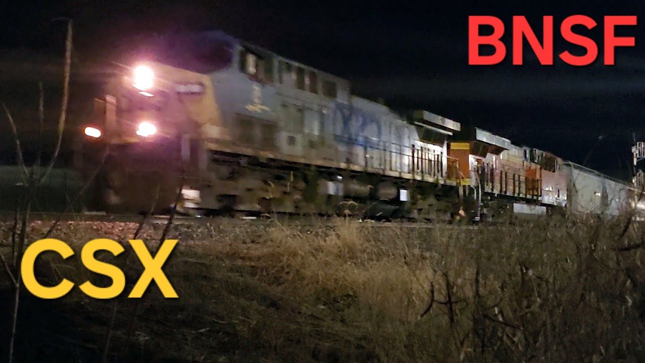 CSX leading BNSF manifest train east bound 3am!! - YouTube
