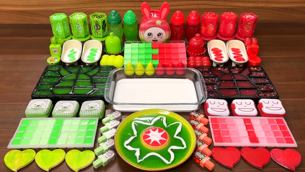 Slime Mixing Random Charms: Glossy Green vs Red Rabbit ASMR Pop