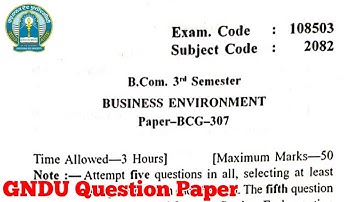 Gndu B.Com 3rd Semester Business Environment Question Paper || Bcom 3rd sem Question Paper 2020