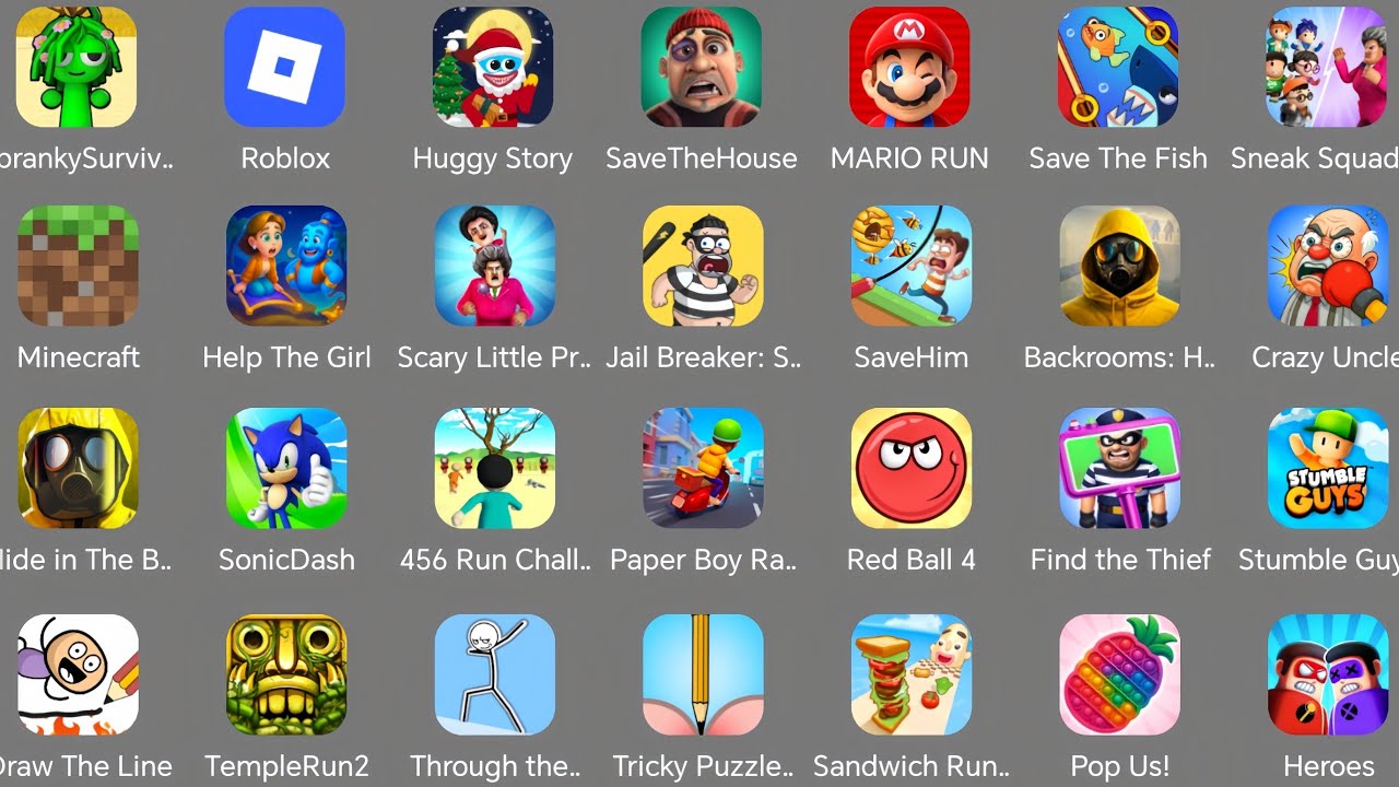 Spranky,Roblox,Scary Little Prankster,Red Ball 4,Stumble Guys,Hide in Backrooms,Sonic dash,Save him