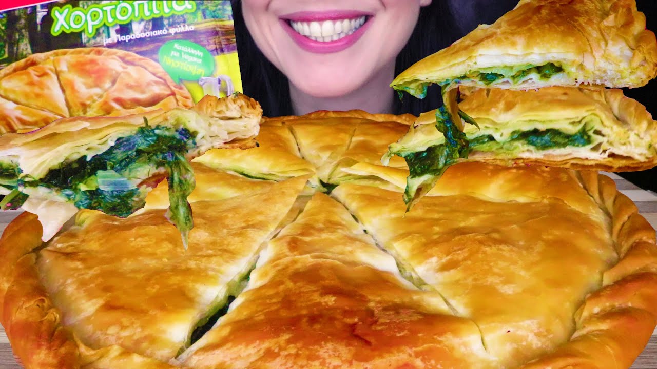GREEK  SPANAKOPITA - SPINACH PIE WITH PHYLLO CRUST 🥧 | ASMR Mukbang | Real Eating Sounds