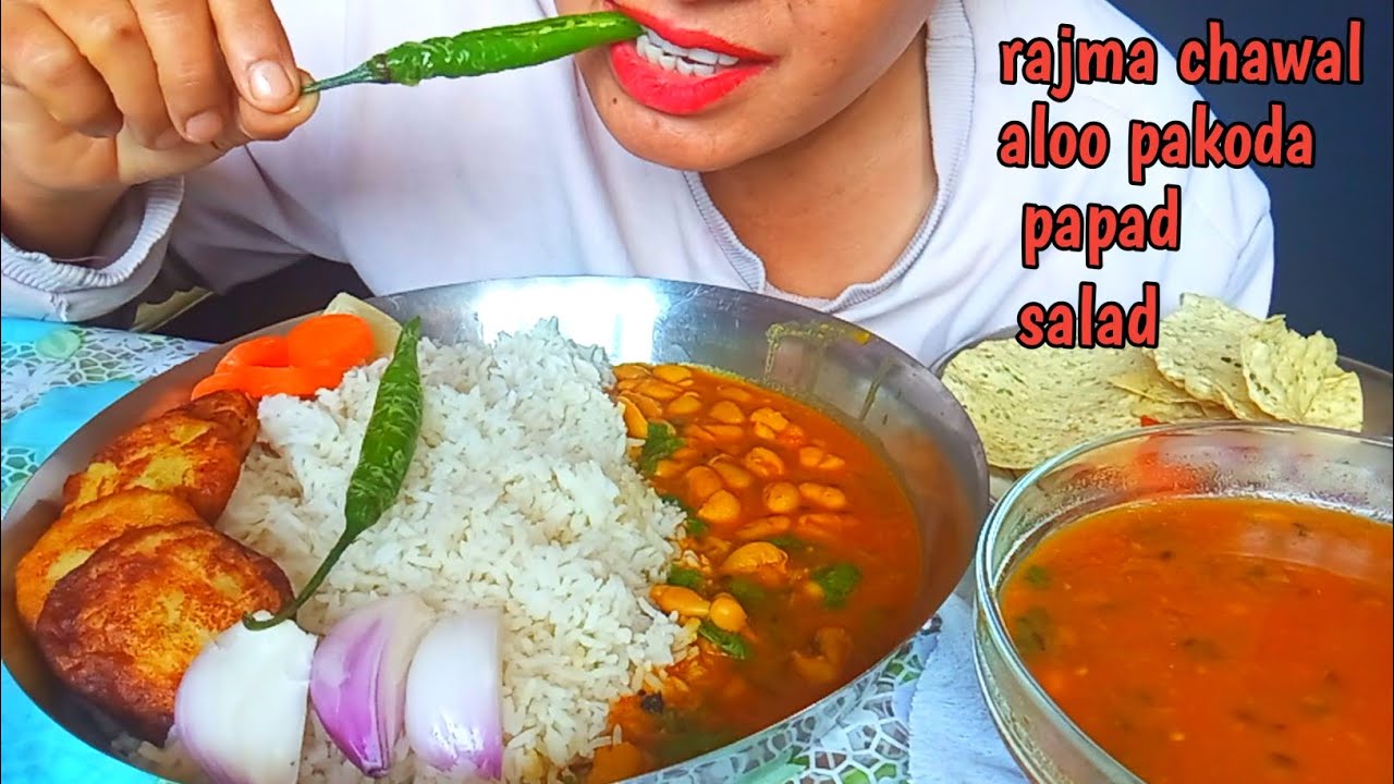 Eating Rajma chawal,aloo pakoda,papad, fried chilli,salad mukbang|Food eating|GDR ASMR 