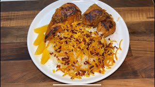 زرشک‌پلو با مرغ پرتقالی و خلال پرتقال و پیاز کاراملی با نواب-chicken with orange, caramelized onions