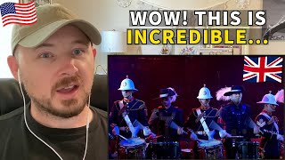 American Reacts to Royal Marines Corps of Drums VS Top Secret Drum Corps - EPIC Drum Battle!