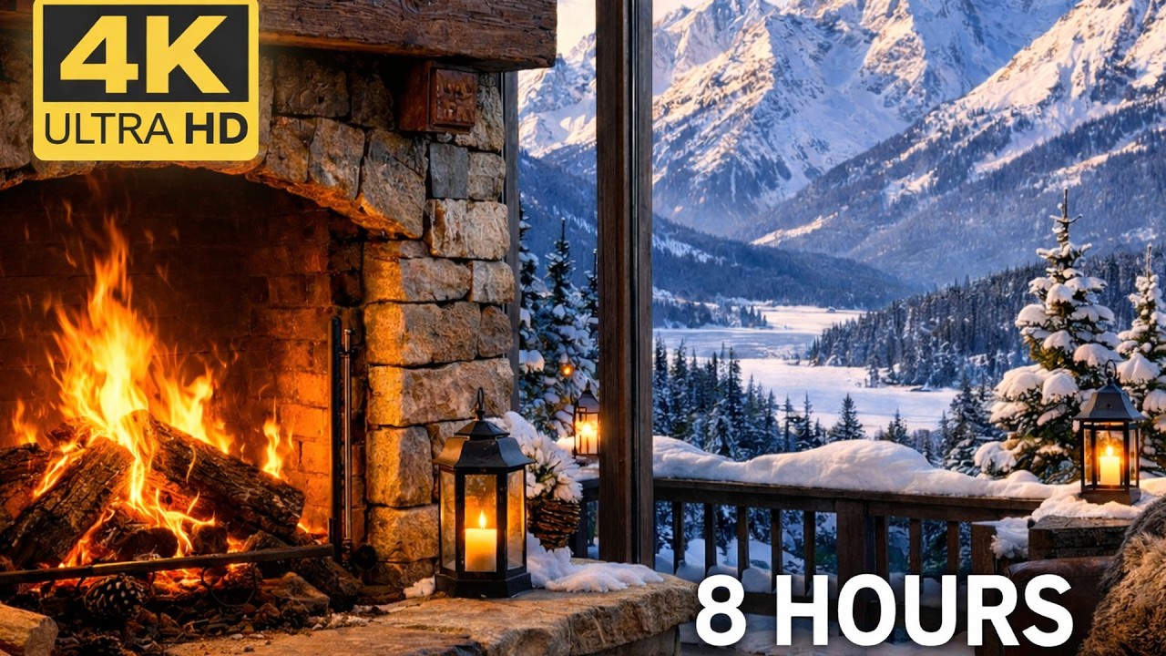 7 Hours of Cozy Fireplace 🔥 Winter Cabin & Snow Mountains ❄️ Sleep, Relax & Study