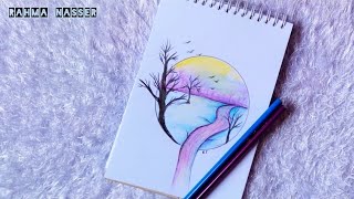 رسم سهل |رسم منظر طبيعي بالألوان الخشبيه خطوه بخطوه |How to Draw nature scenery with colored pencils