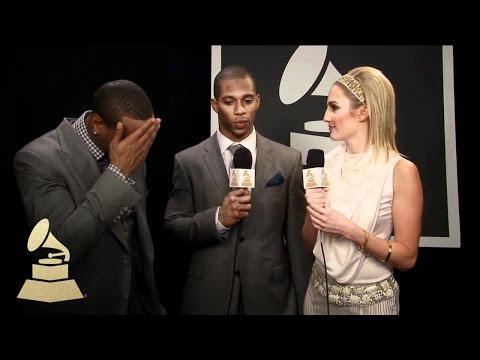 Victor Cruz and Mario Manningham backstage at 54th GRAMMY Awards | GRAMMYs