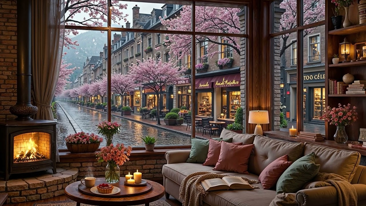 Tranquil Spring Coffee Shop ☕ Gentle Jazz Piano & Fireplace Ambience for Study, Work & Sleep