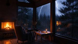 RAIN THUNDER FIREPLACE AMBIENCE. COZY CABIN STORM SOUNDS FOR SLEEP (5 HOURS)