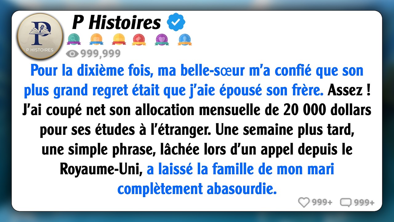Pour la dixième fois, ma belle-sœur m'a dit que son plus grand regret était que j'aie épousé son...