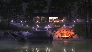 Tranquil Lakeside Summer Night - Cozy Porch, Crickets & Campfire sounds, and Starry Nights