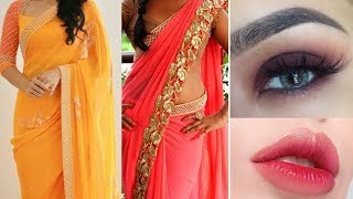 Party Style Saree Draping + Makeup | How to Apply Makeup Perfectly | Step By Step Tutorial|Beginners