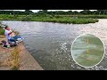 謎の泡が流れつくよどみにエサを投げ入れる釣り