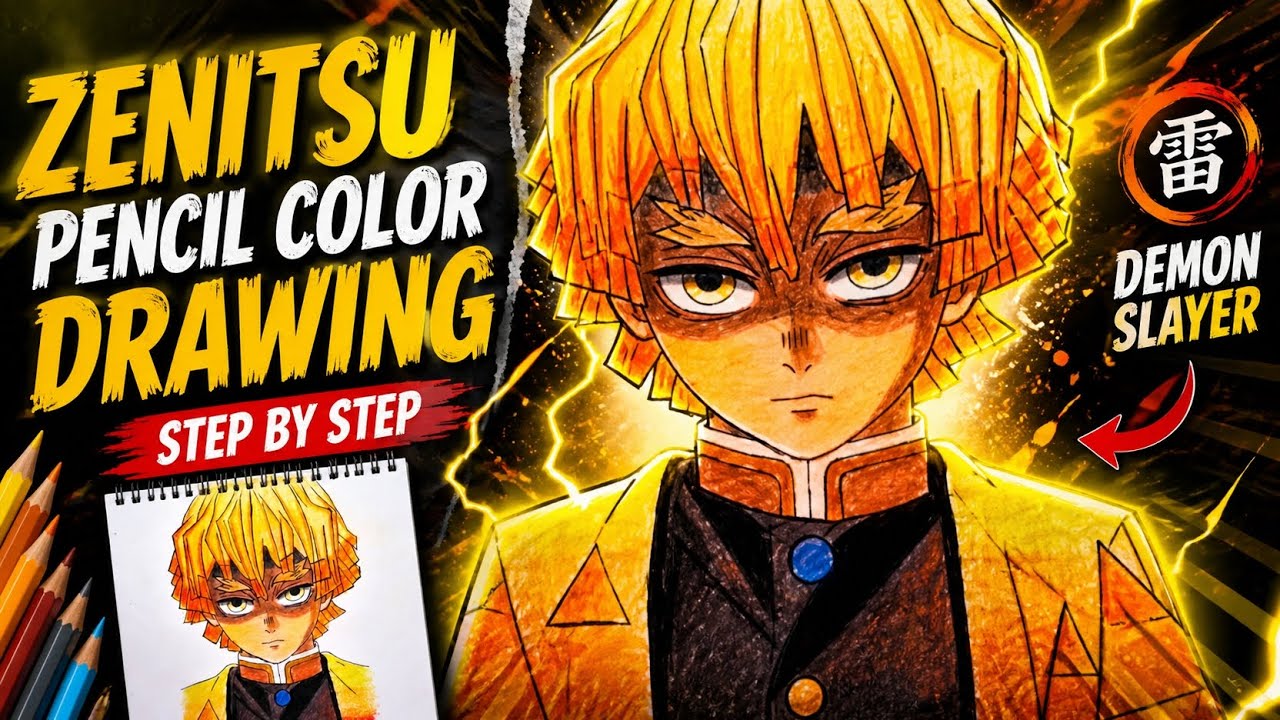 Zenitsu Pencil Color Drawing Tutorial ⚡ | Demon Slayer Anime Art Step ...