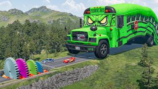 Giant BUS SCHOOL Eater VS Cars Lightning McQueen & Police Car & Giant SAW Downhill Race|Beamng.Drive screenshot 5