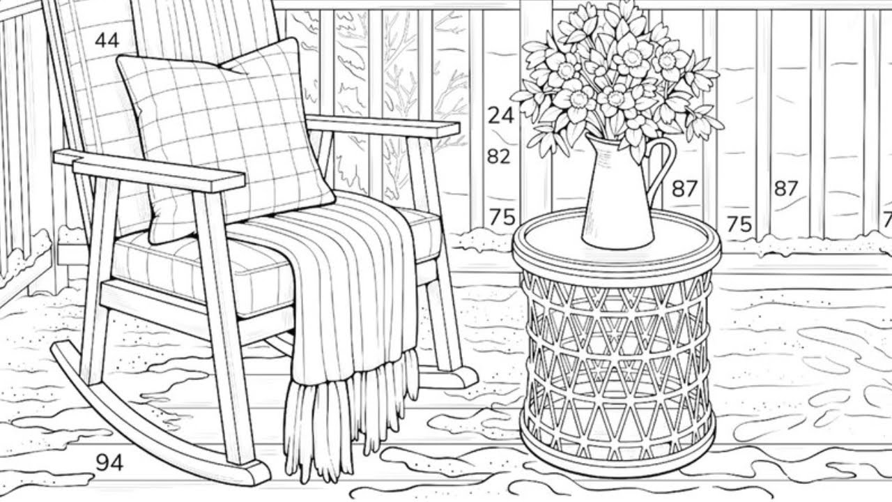 Rocking chair on a balcony overlooking a winter lake | Coloring Games