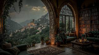 Quiet Reading Room above the Old Hillside Village | Cozy Gothic Study Room | Dark Academia Ambience
