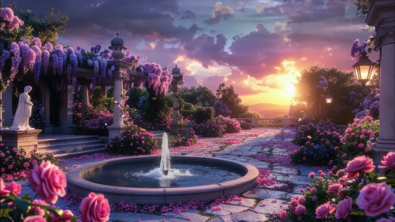 "Tranquil Garden Sunset | Relaxing Fantasy Ambience with Fountain Sounds & Nature Scenery"