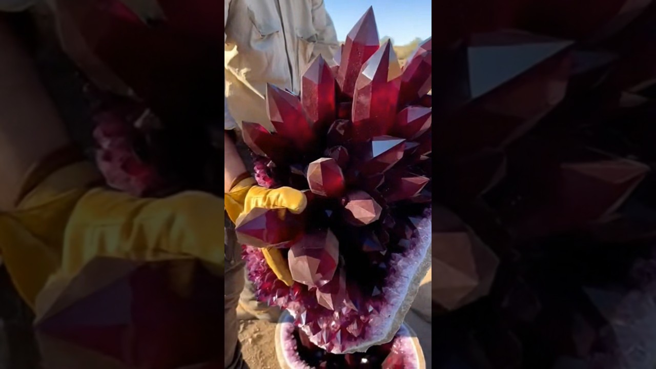 Раскол огромной жеоды позволил обнаружить потрясающее скопление красных кристаллов.