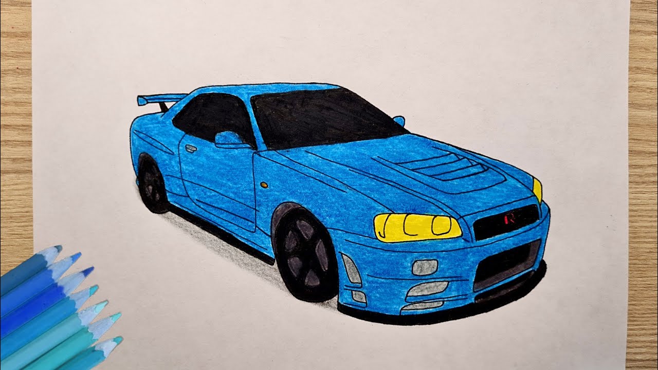 How to draw a NISSAN SKYLINE GTR R34 2002 | Coloring Nissan GT-R R 34 ...