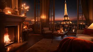 Velvet Jazz Nights - Opulent Parisian Bedroom with Illuminated Eiffel Tower View