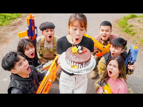 pretty-girl-nerf-war:-captain-seal-&-warrior-girl-nerf-guns-fight-robber-birthday-cake-battle