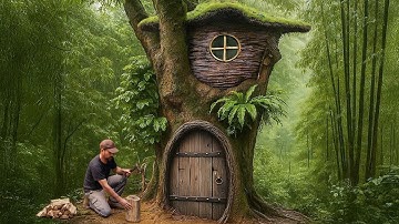 Alone in the Forest: Building a Hidden Shelter INSIDE a GIANT Hollow Tree