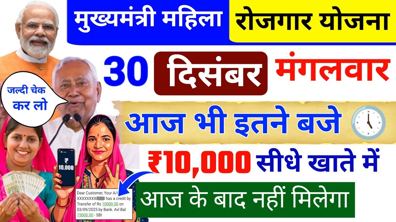 30 दिसंबर | आज आखरी बार मिलेगा ₹10,000 | Mahila Rojgar Yojana ka Paisa kab Milega 