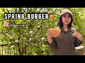 ASMR Juicy Burger 🍔 by the River 🌸 | Relaxing Outdoor Cooking &amp; Cherry Blossoms