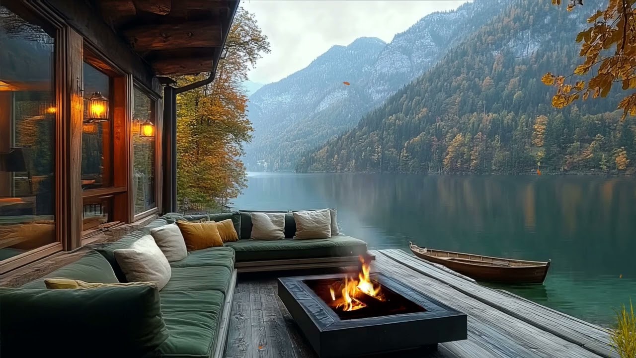 10 Hours of Deep Sleep: Rain on Lake, Burning Fire & Gentle Wind | Autumn Ambience