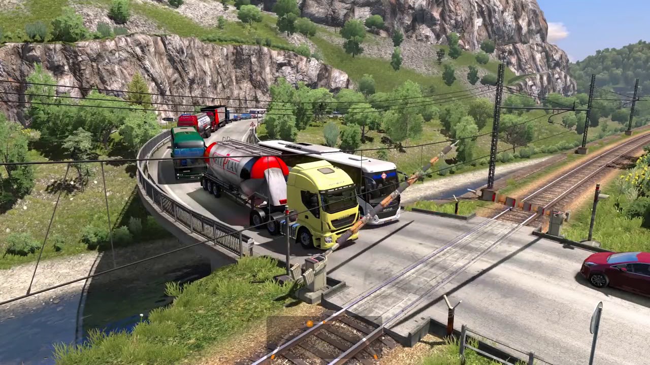 High traffic jam Because of idiot train driver _ Scania Touring bus driving _ Euro Truck simulator 2