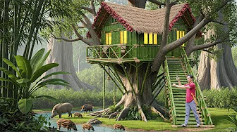 Building a Bamboo Shelter in a Hollow Tree  - Survival Skills to Avoid Wild Animals