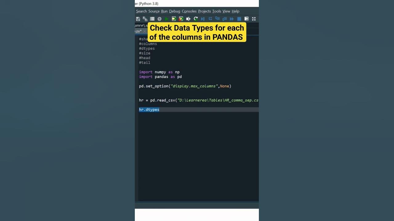 Check the data types for each of the columns in PANDAS DataFrame # ...