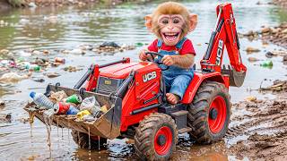 🐒🚜 Monkey Nana Uses a JCB Excavator to Clean a Deep Pond on the Farm! 🌊🗑️