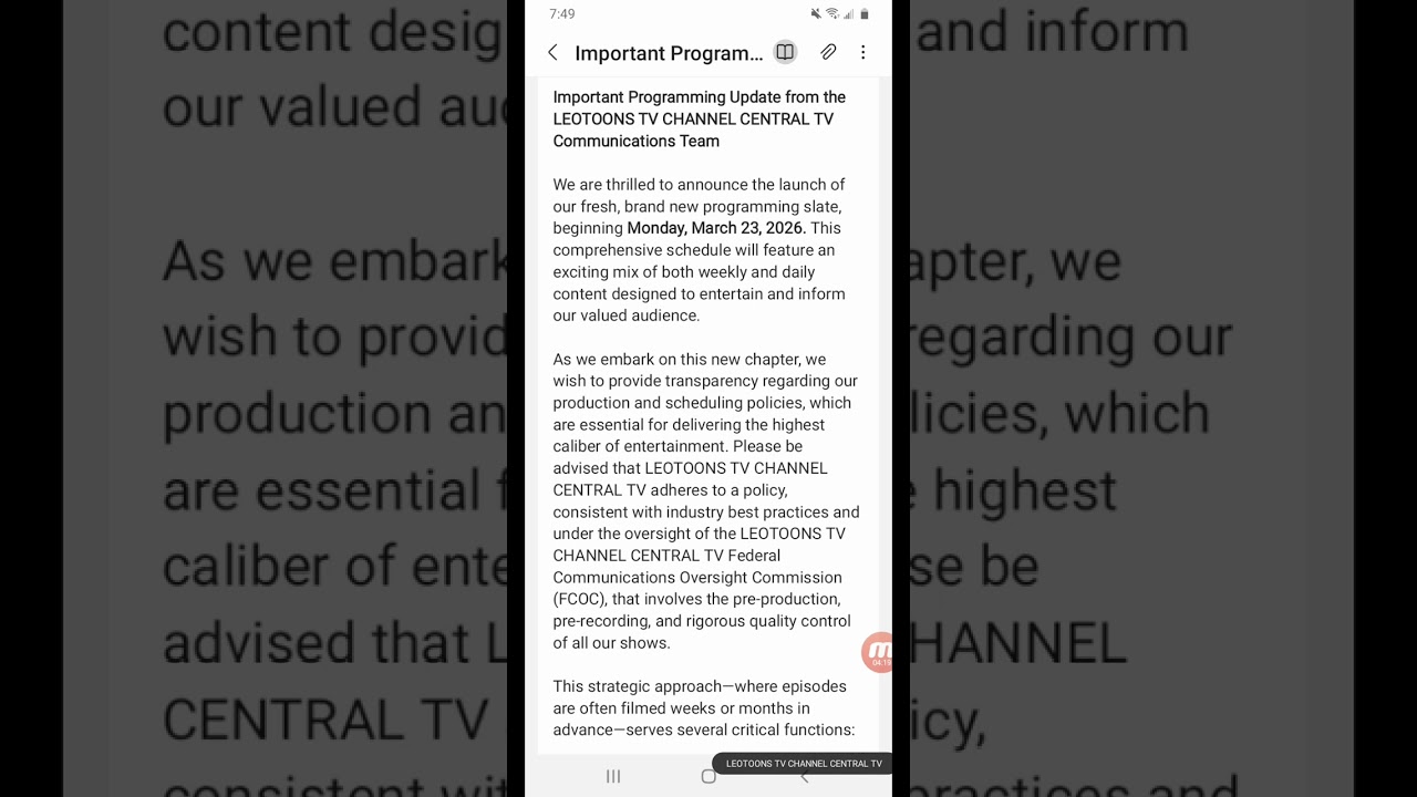Important Programming Update from the LEOTOONS TV CHANNEL CENTRAL TV Communications Team 