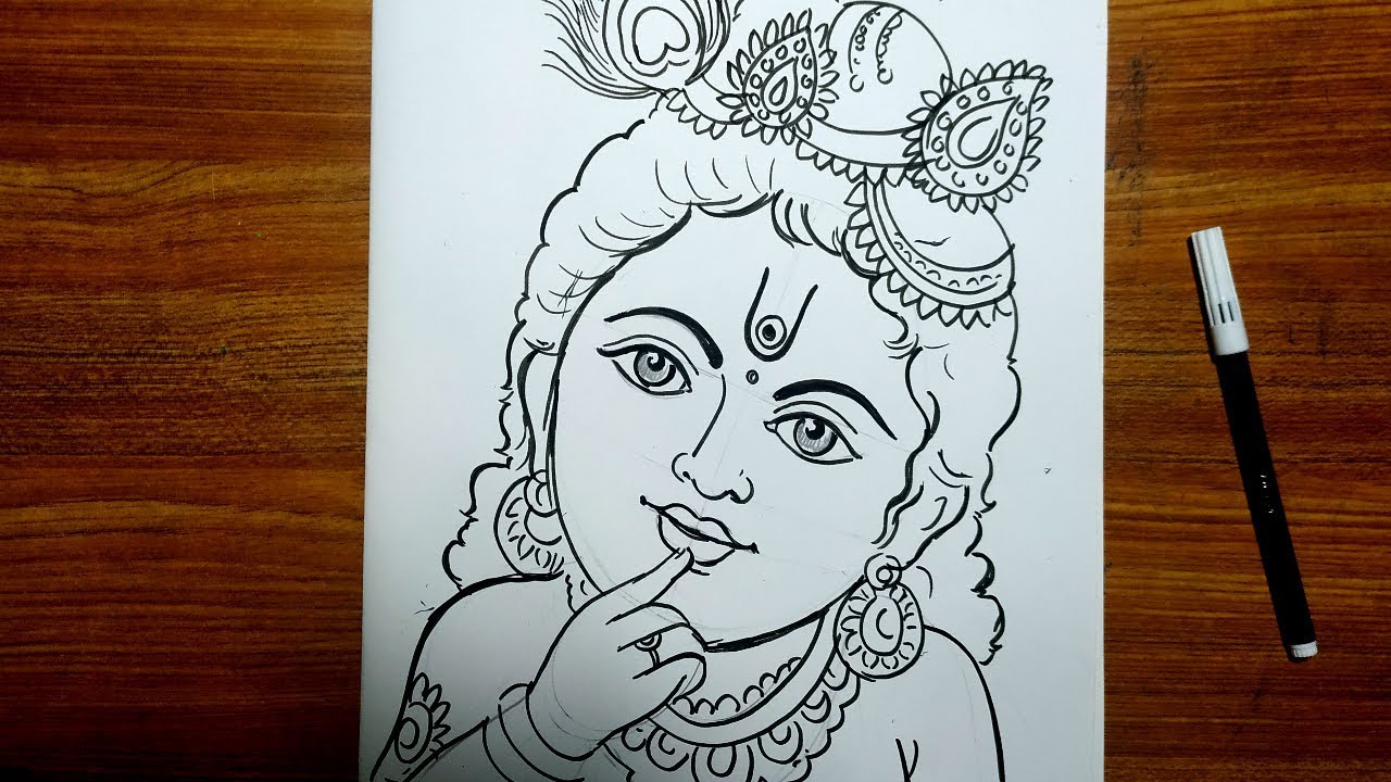 very easy line art bal krishna,krishna thakur drawing,how to draw ...