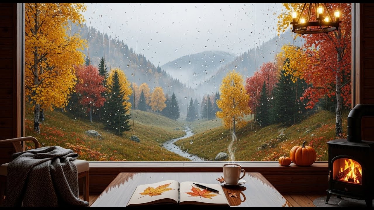 Cozy Autumn Cabin Rain Ambience 🍂☕ | Fireplace & Coffee Relaxation ...