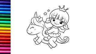 Princess riding Unicorn Drawing and coloring Princess drawing Unicorn drawing